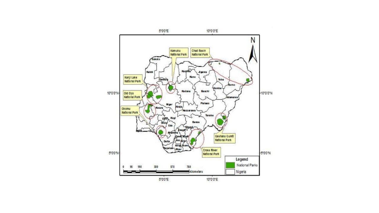 Map of Nigeria showing the location of national parks